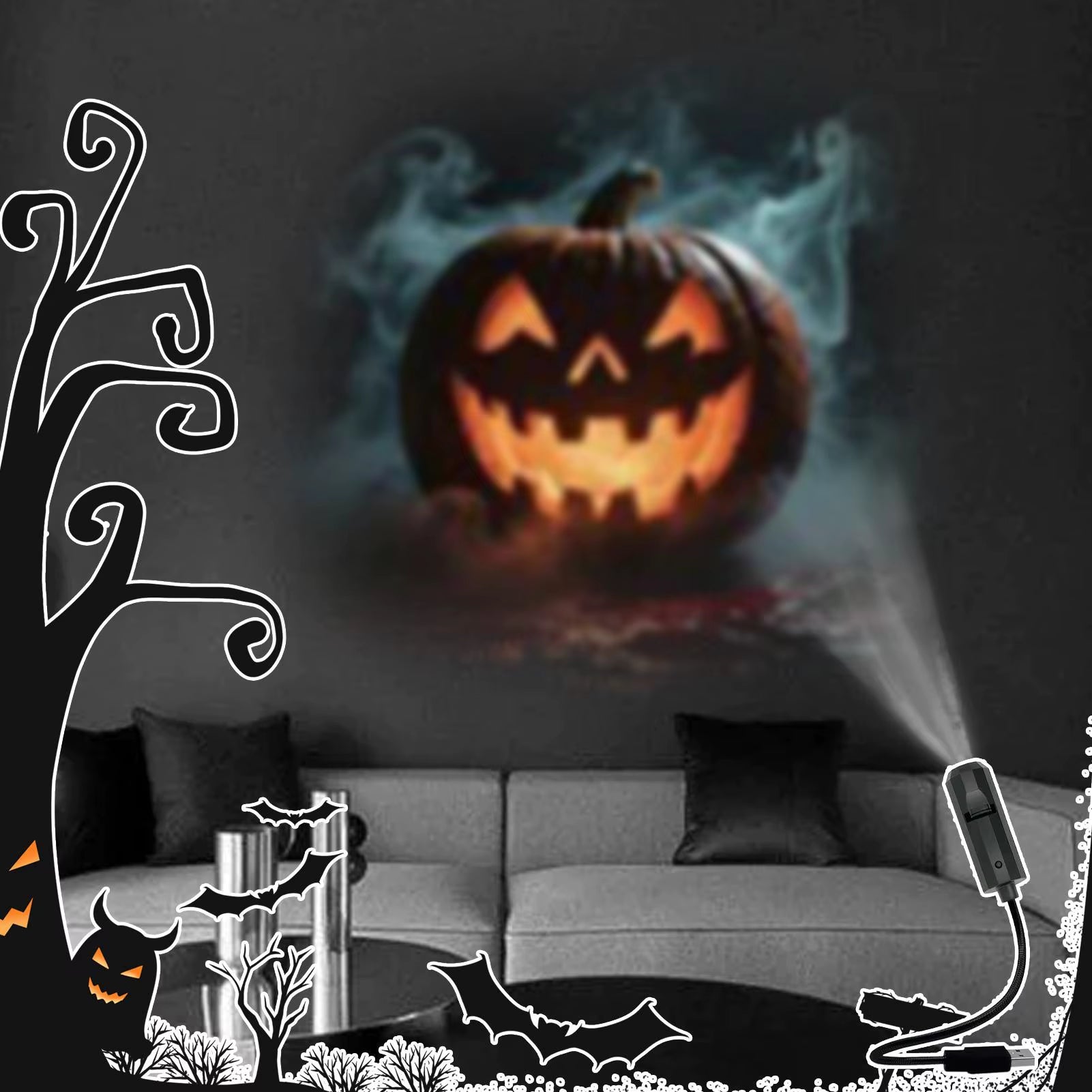 Halloween Projector Lights Outdoor 360-Degree Rotating Magnetic Ceiling Wall Horror Decoration LED Night Lamp Decor for Patio
