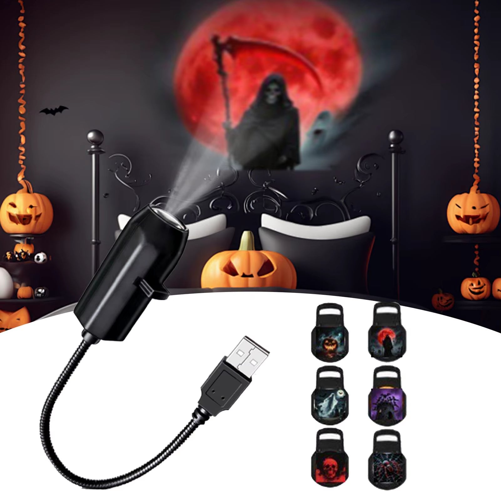 Halloween Projector Lights Outdoor 360-Degree Rotating Magnetic Ceiling Wall Horror Decoration LED Night Lamp Decor for Patio
